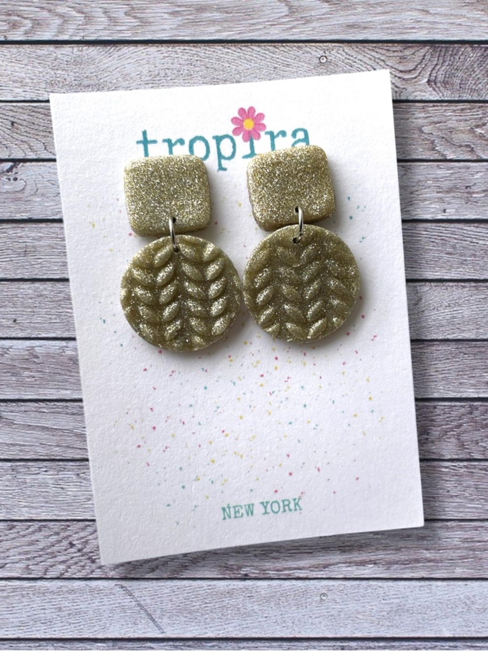 Glitter Gold Embossed Leaf Dangle Polymer Clay Earrings